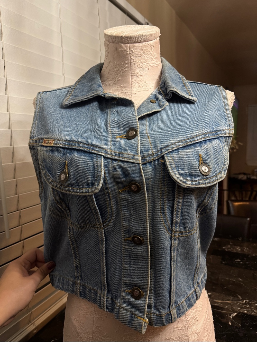 Express Light Blue Denim Vest with Red Logo Patch - Size S